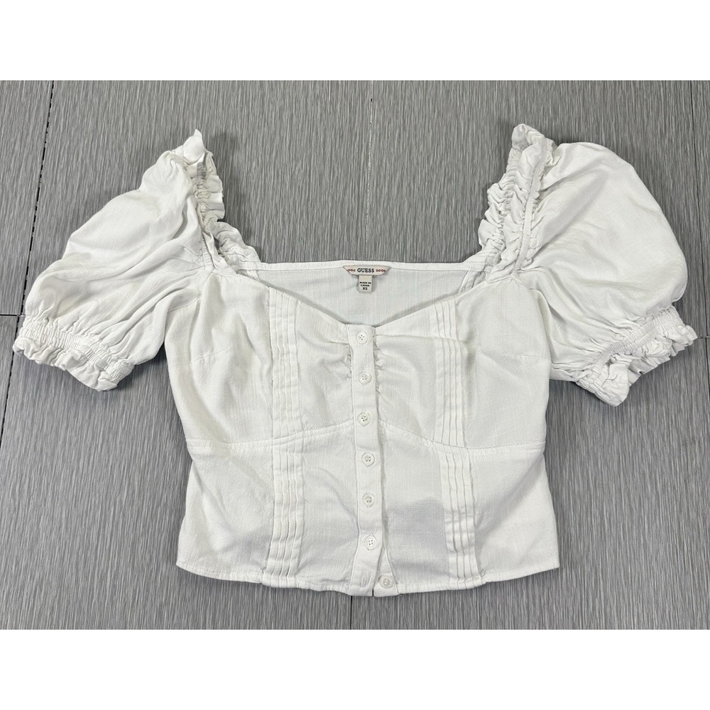 Guess White Puff Sleeve Top Womens Small Button Sweetheart Ruffle 90s